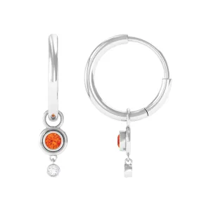 0.25 CT Bezel Set Orange Sapphire and Diamond Simple Hoop Drop Earrings