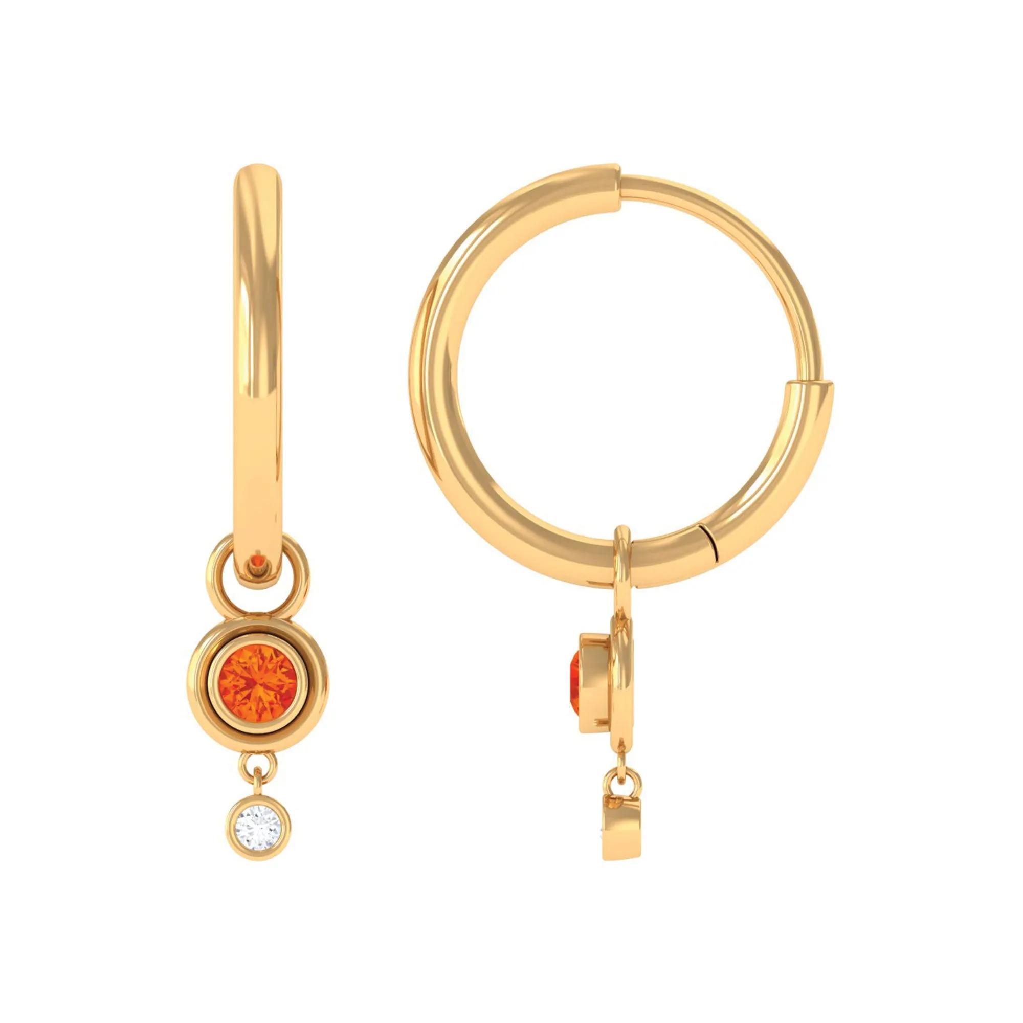 0.25 CT Bezel Set Orange Sapphire and Diamond Simple Hoop Drop Earrings