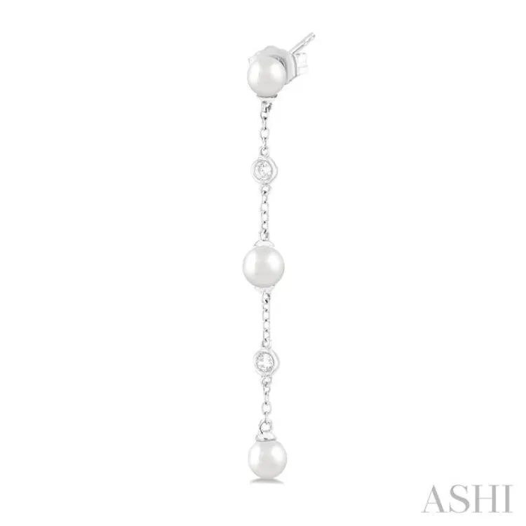 1/20 ctw Cultured Pearls 4 MM and Round Cut Diamond Station Long Earring in 14K White Gold