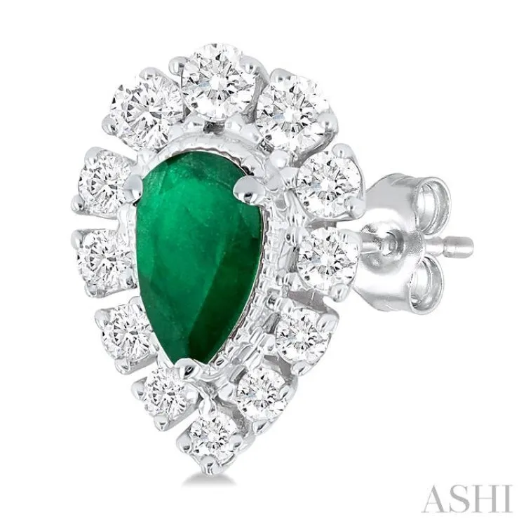 1/3 ctw Pear Cut 5x3 MM Emerald and Round Cut Diamond Precious Stud Earring in 14K White Gold