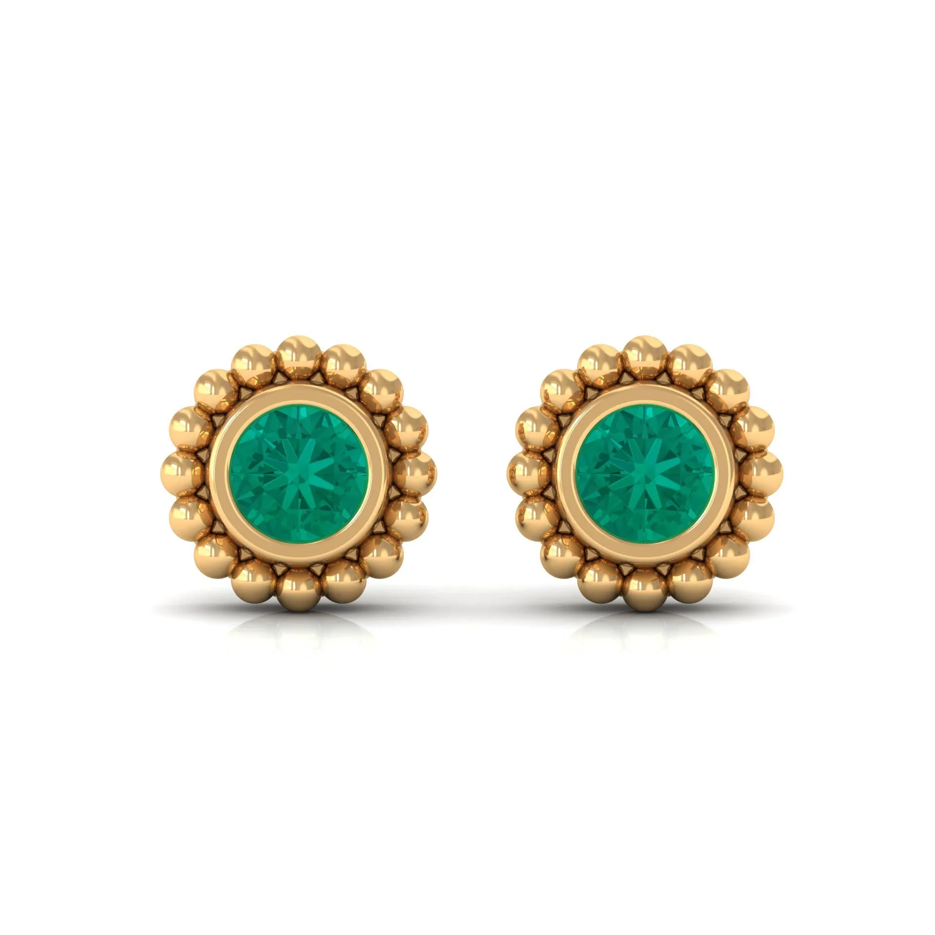 1/4 CT Gold Beaded Bezel Set Emerald Stud Earrings