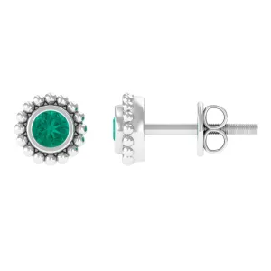 1/4 CT Gold Beaded Bezel Set Emerald Stud Earrings