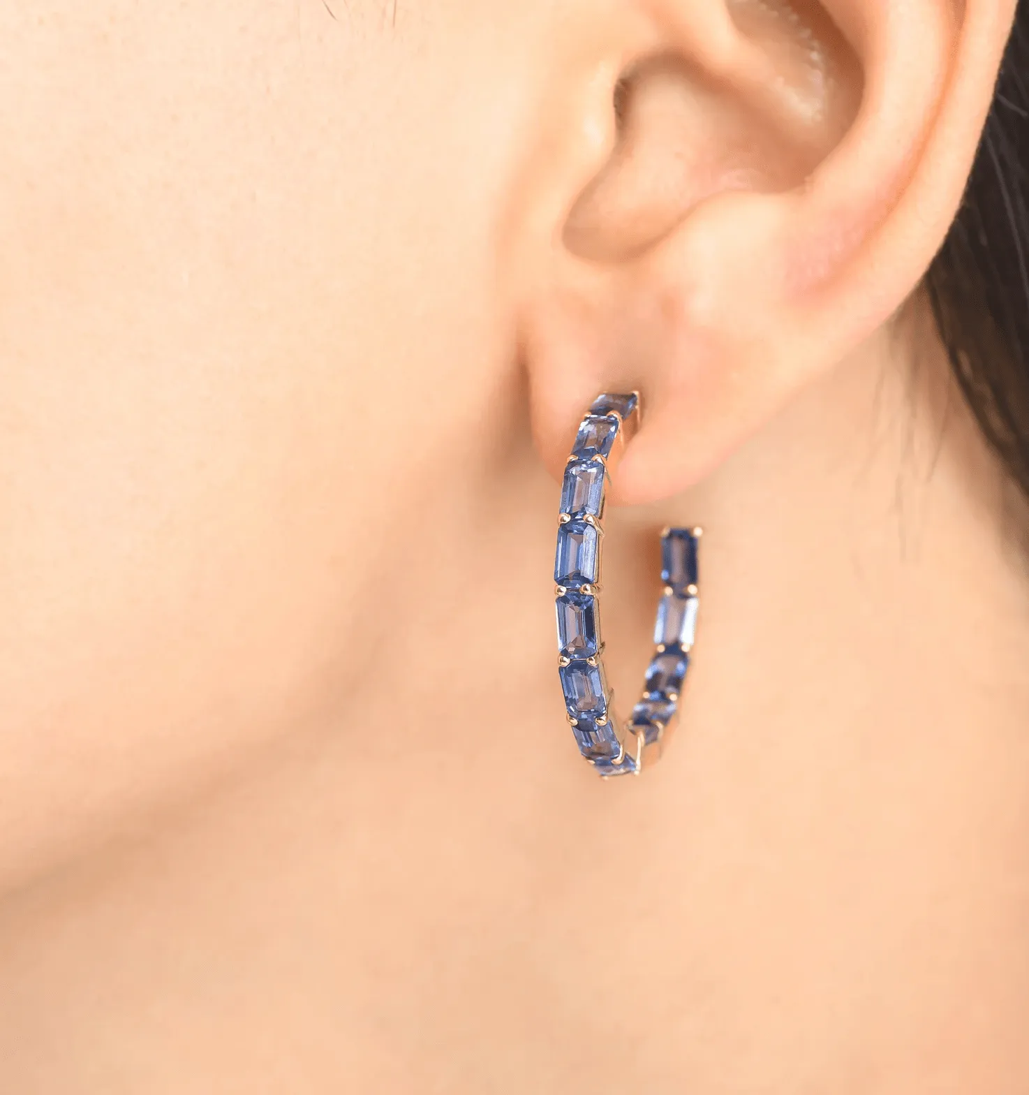 14K & 18K Gold Blue Sapphire Inside Outside Hoop Earrings