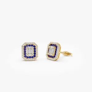 14k Baguette and Round Sapphire Studs Halo Setting