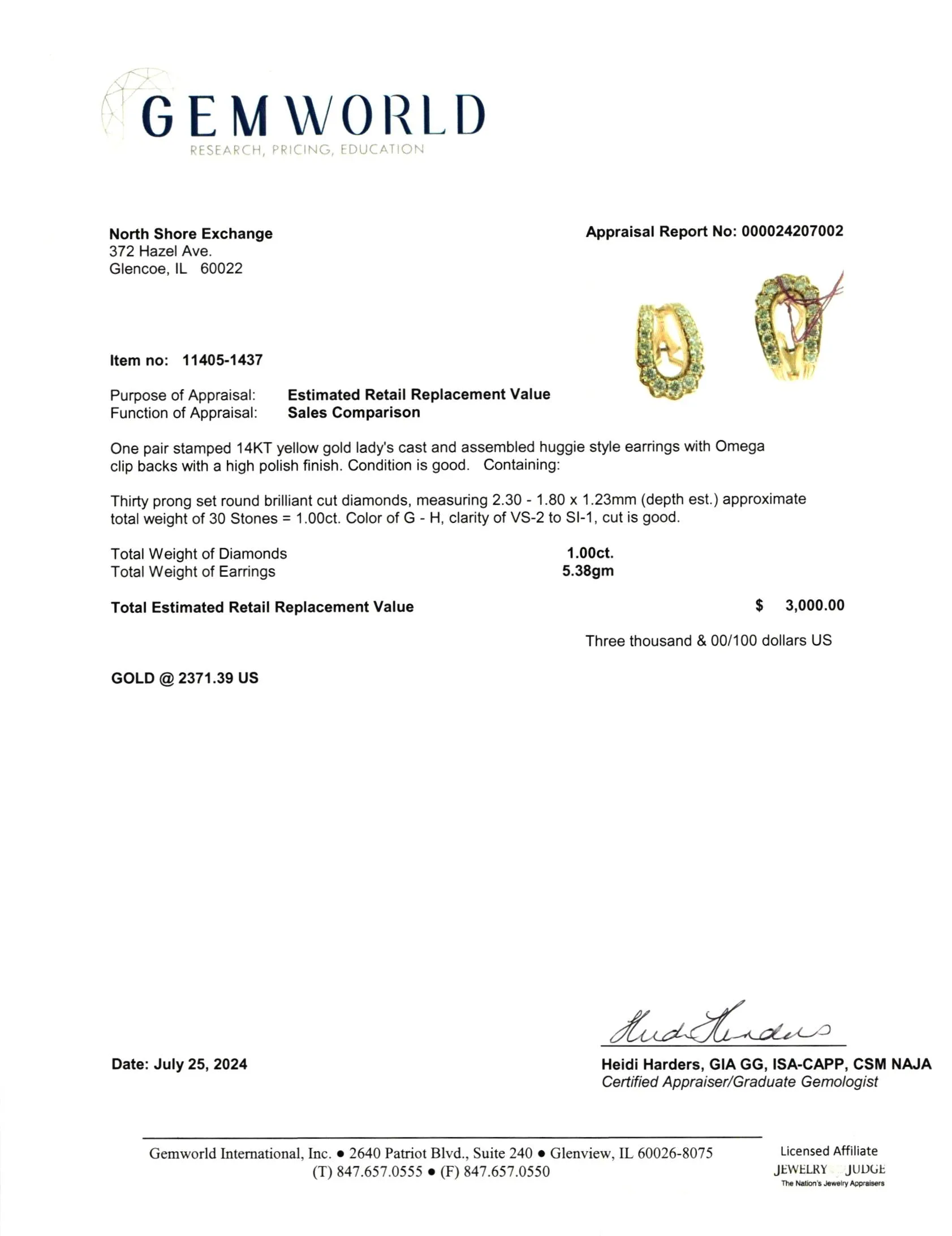 14K Gold Earrings with 30 Full Cut Diamonds