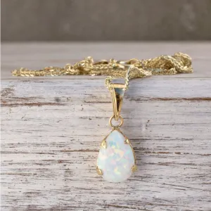 14K Gold Opal Pendant, 7x10mm, October Birthstone Necklace