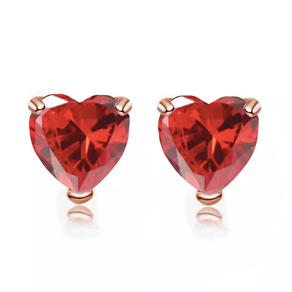 14k Rose Gold Plated 1 Carat Heart Created Ruby Stud Earrings