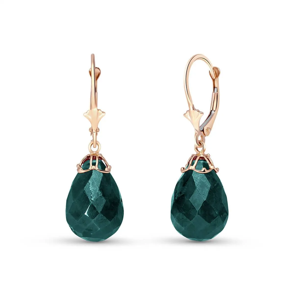 14K Solid Rose Gold Leverback Earrings w/ Briolette Emeralds