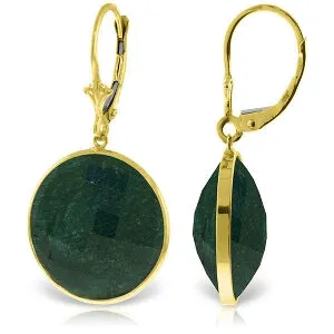 14K Solid Yellow Gold Leverback Earrings w/ Checkerboard Cut Round Emerald Color Corundum