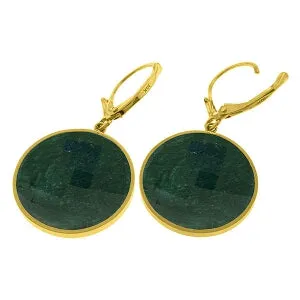 14K Solid Yellow Gold Leverback Earrings w/ Checkerboard Cut Round Emerald Color Corundum