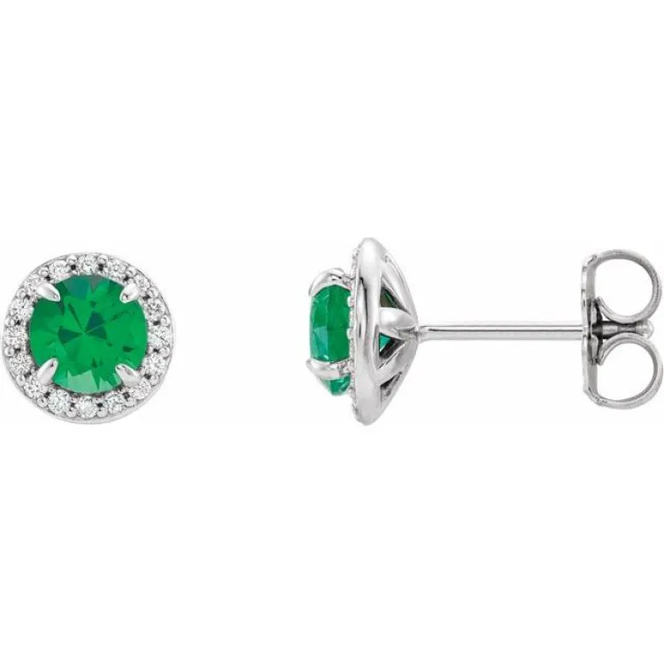 14K White 3.5 mm Lab-Grown Emerald & 1/8 CTW Natural Diamond Earrings