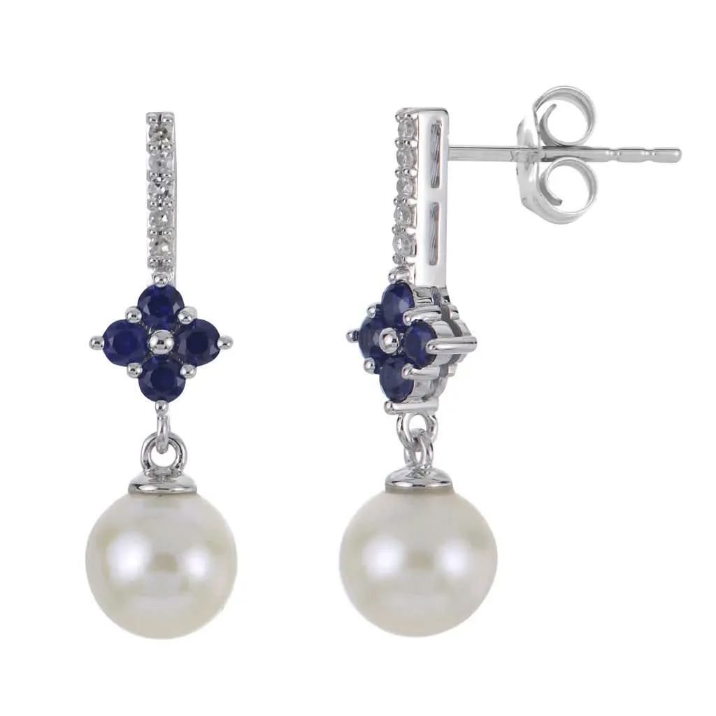 14K White 7 mm Grade A A Cultured Fresh Water Pearl, Sapphire and Natural Diamond Earrings