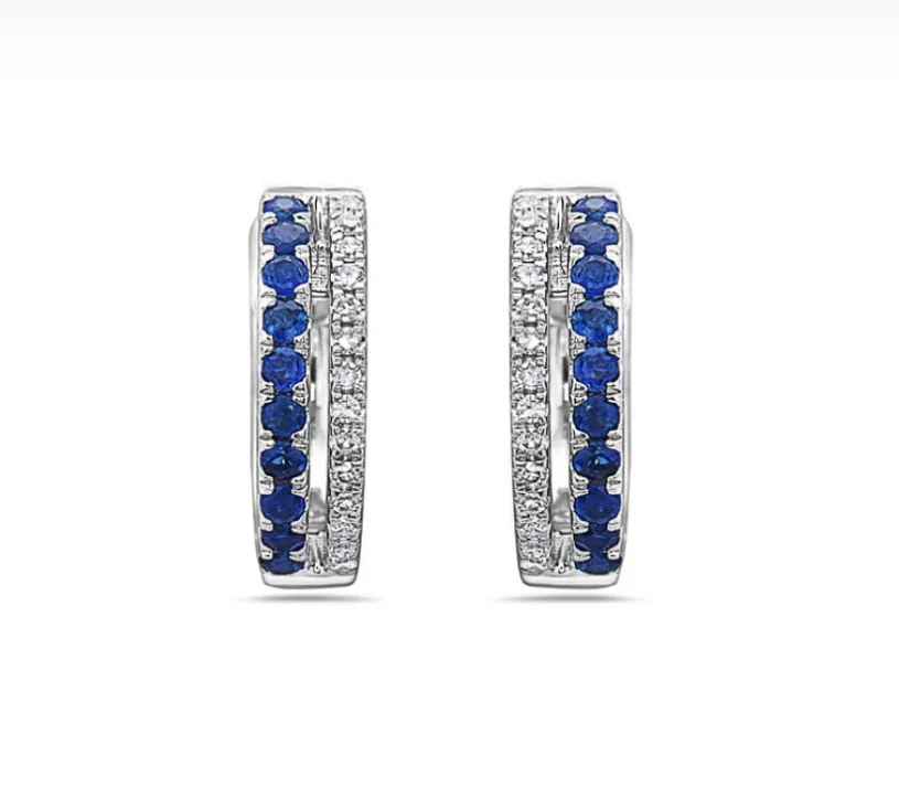 14k White Gold Diamond & Sapphire Double Row Hoop Earrings (I8421)