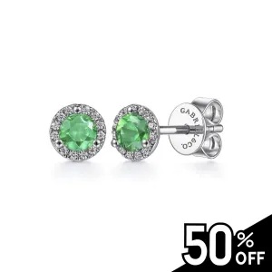 14K White Gold Diamond and Emerald Halo Stud Earrings