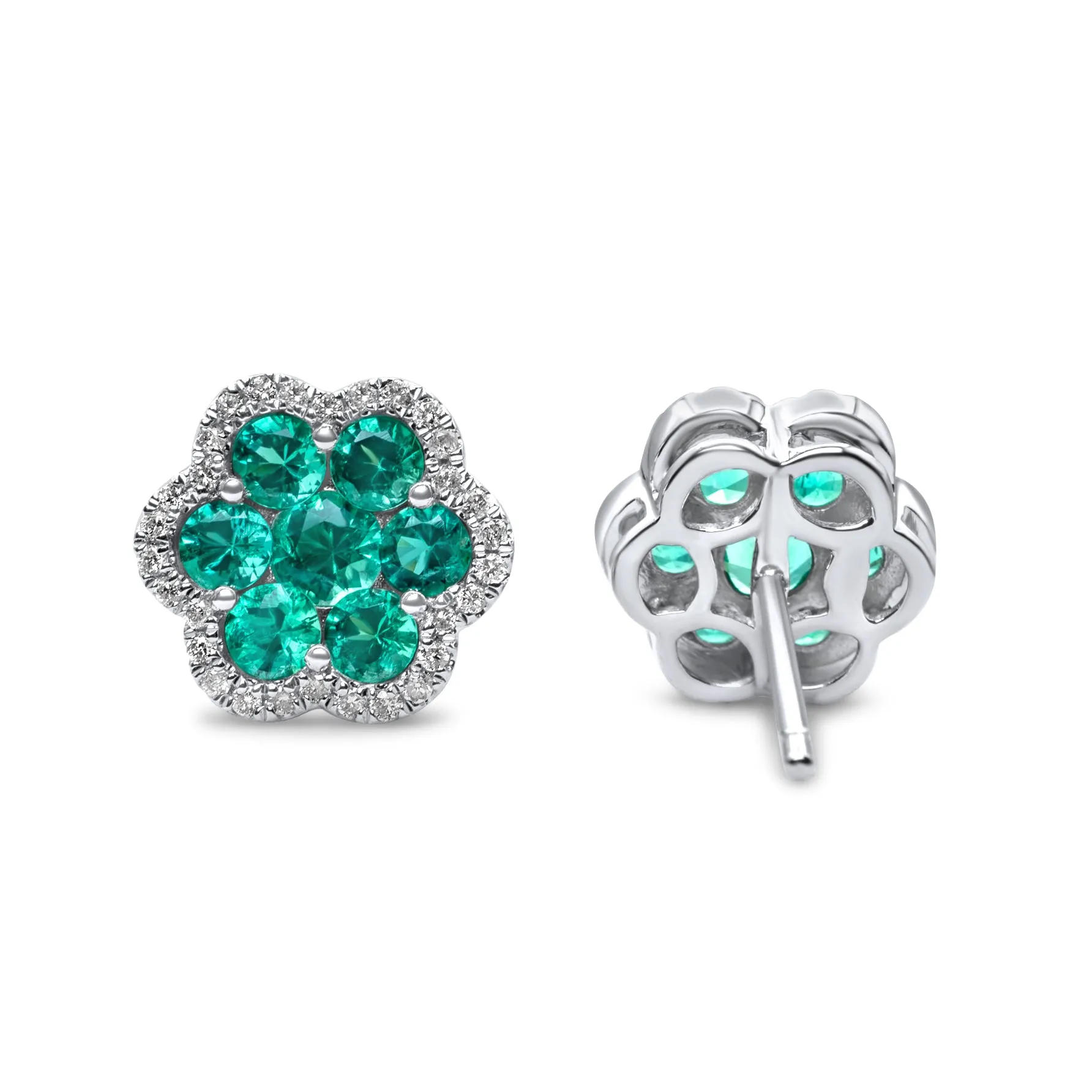 14k White Gold Diamond Emerald Cluster Earrings