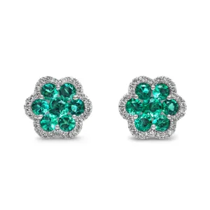 14k White Gold Diamond Emerald Cluster Earrings