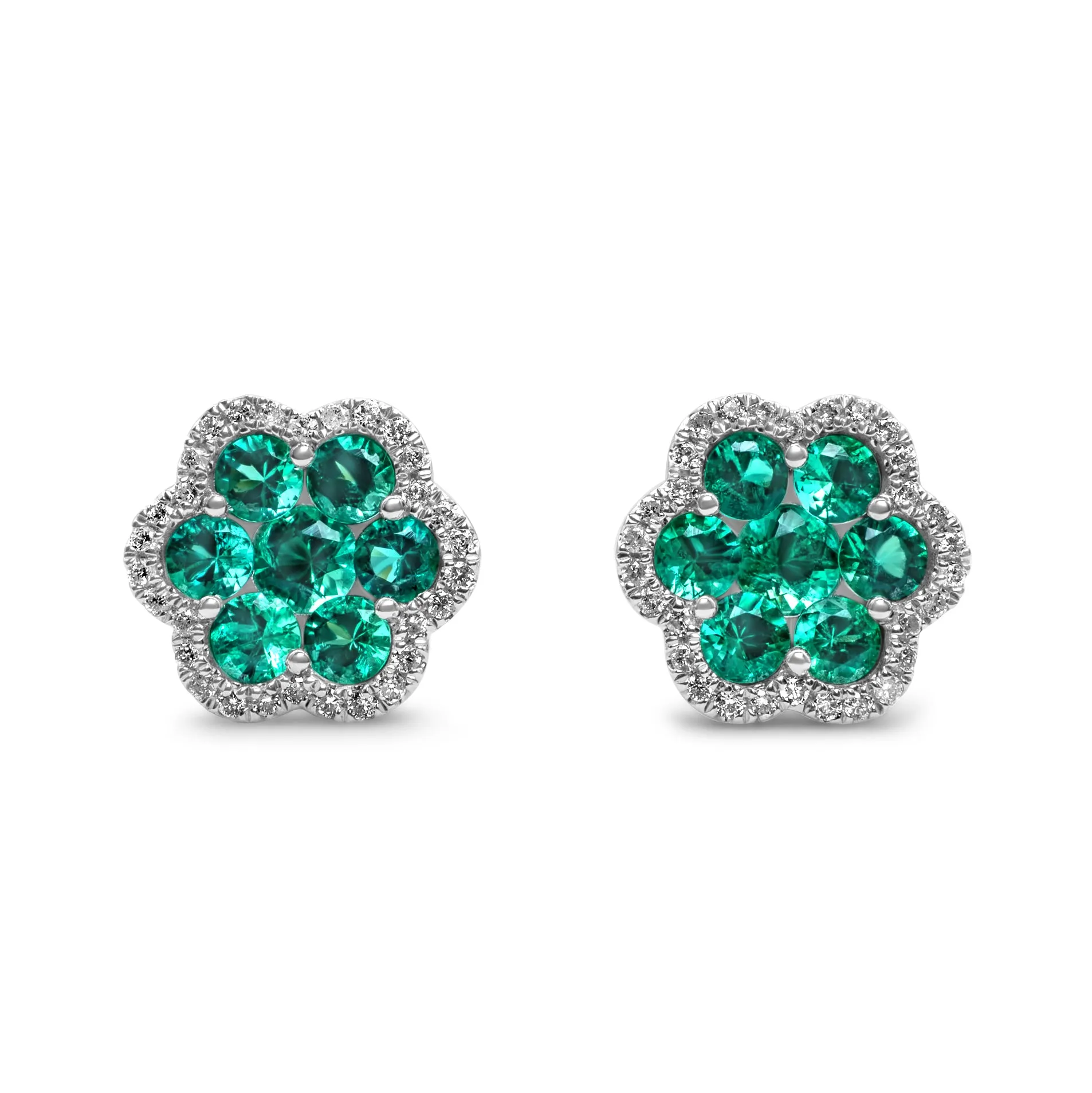 14k White Gold Diamond Emerald Cluster Earrings