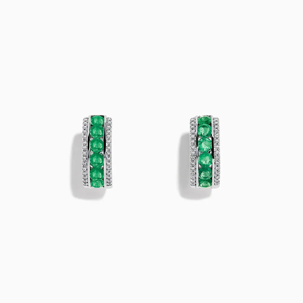 14k White Gold Emerald and Diamond Huggie Hoop Earrings, 1.51 TCW