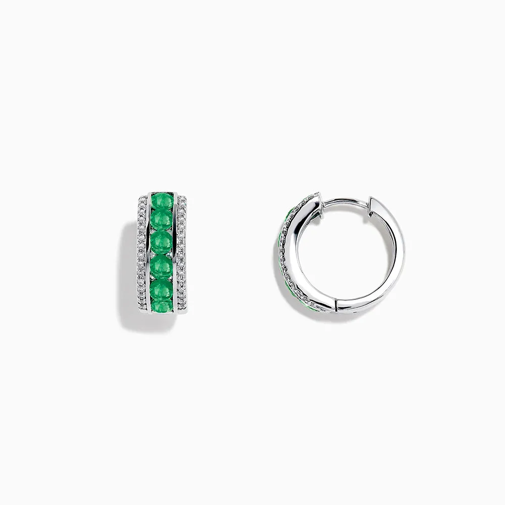 14k White Gold Emerald and Diamond Huggie Hoop Earrings, 1.51 TCW