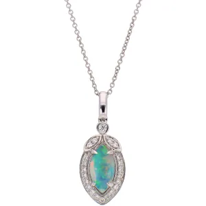 14K White Gold Opal Cabochon and Diamond Necklace