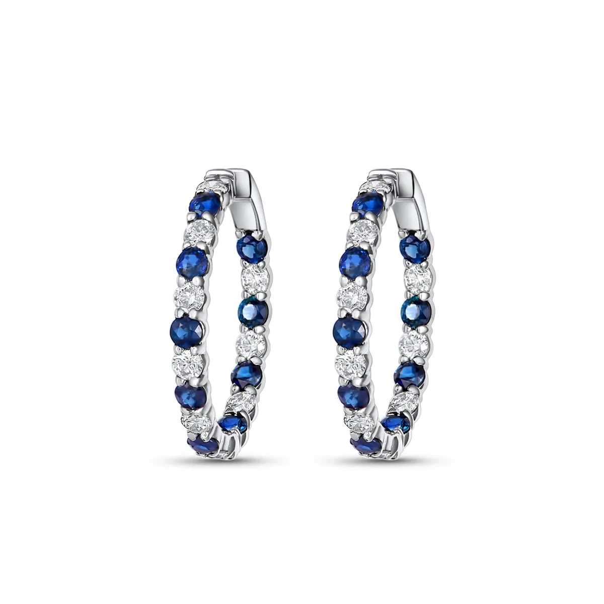 14K White Gold Sapphire and Diamond Hoop Earrings