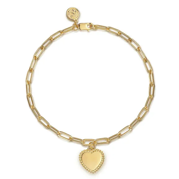 14K Yellow Plain Gold Paperclip Bracelet with Personalizable Bujukan Heart Charm