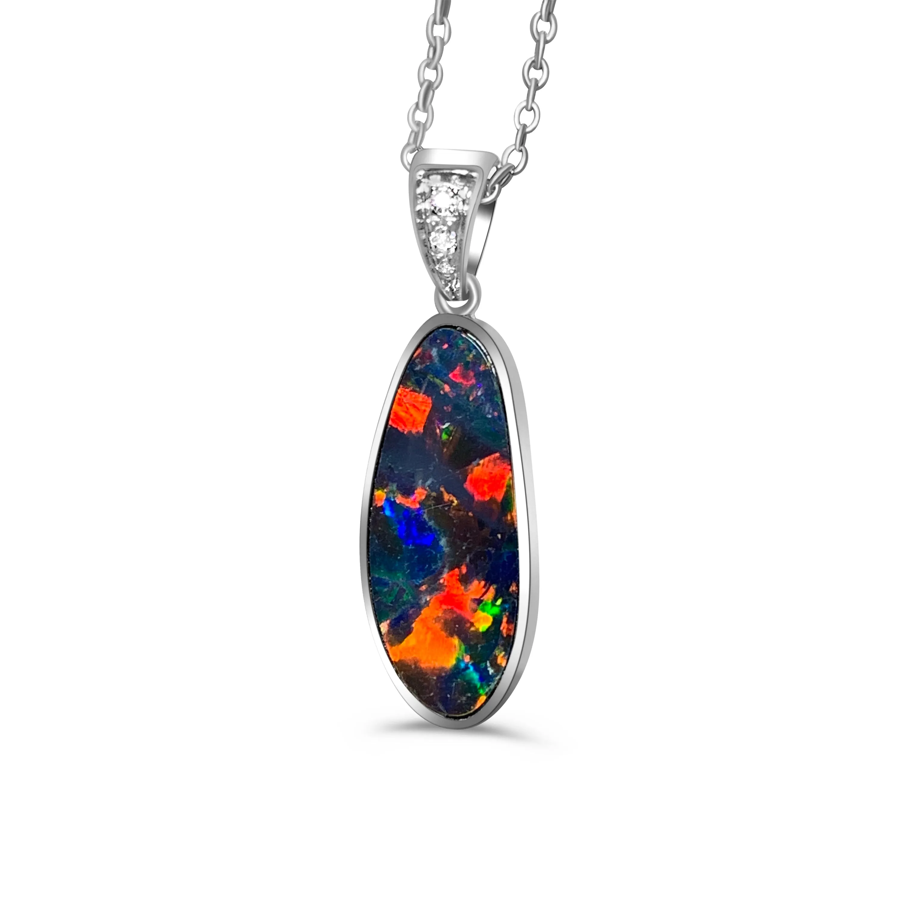 14kt White Gold Fire Opal 17.8x6.6mm and Diamond pendant