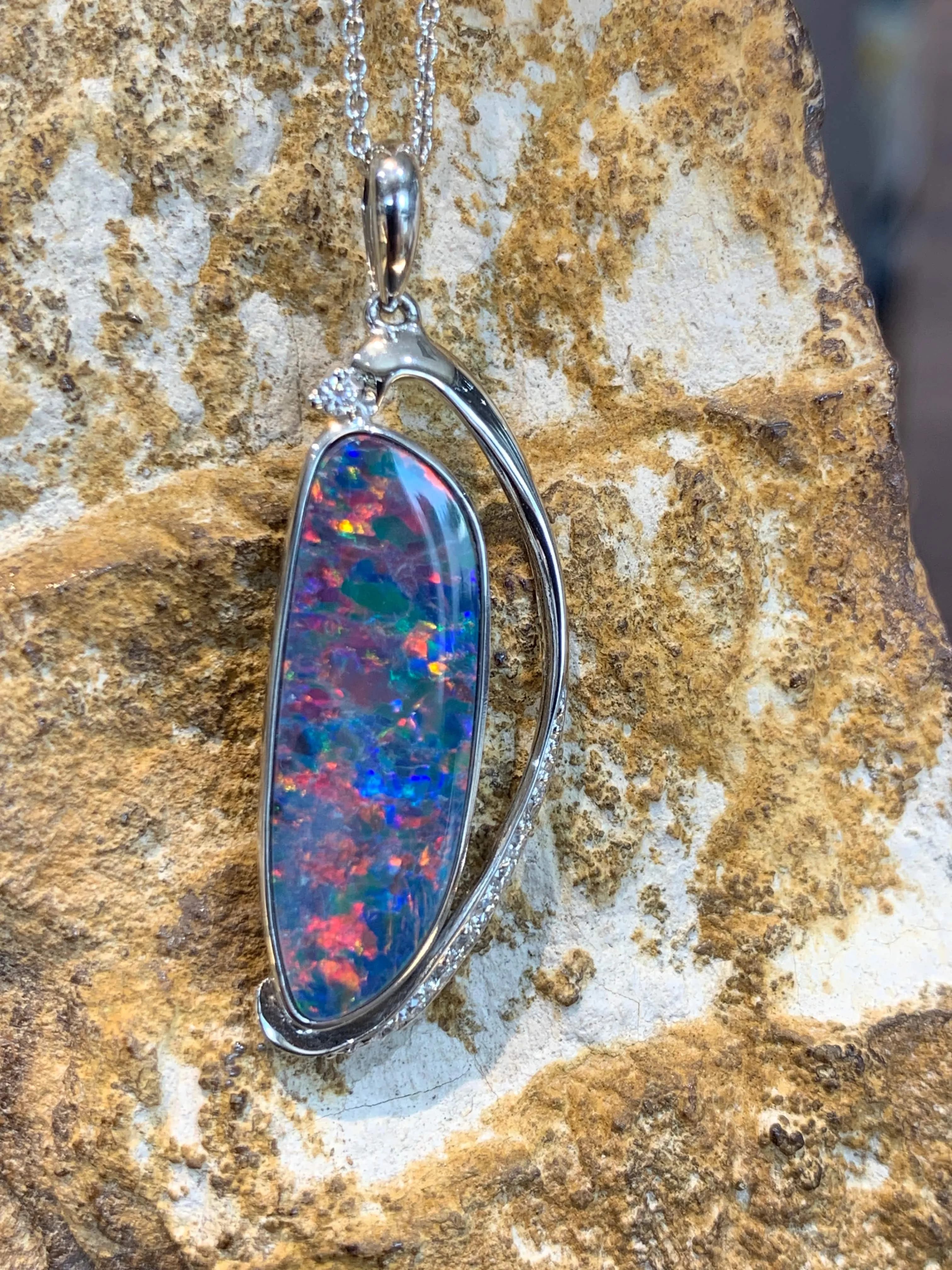 14kt White Gold Opal and diamond pendant