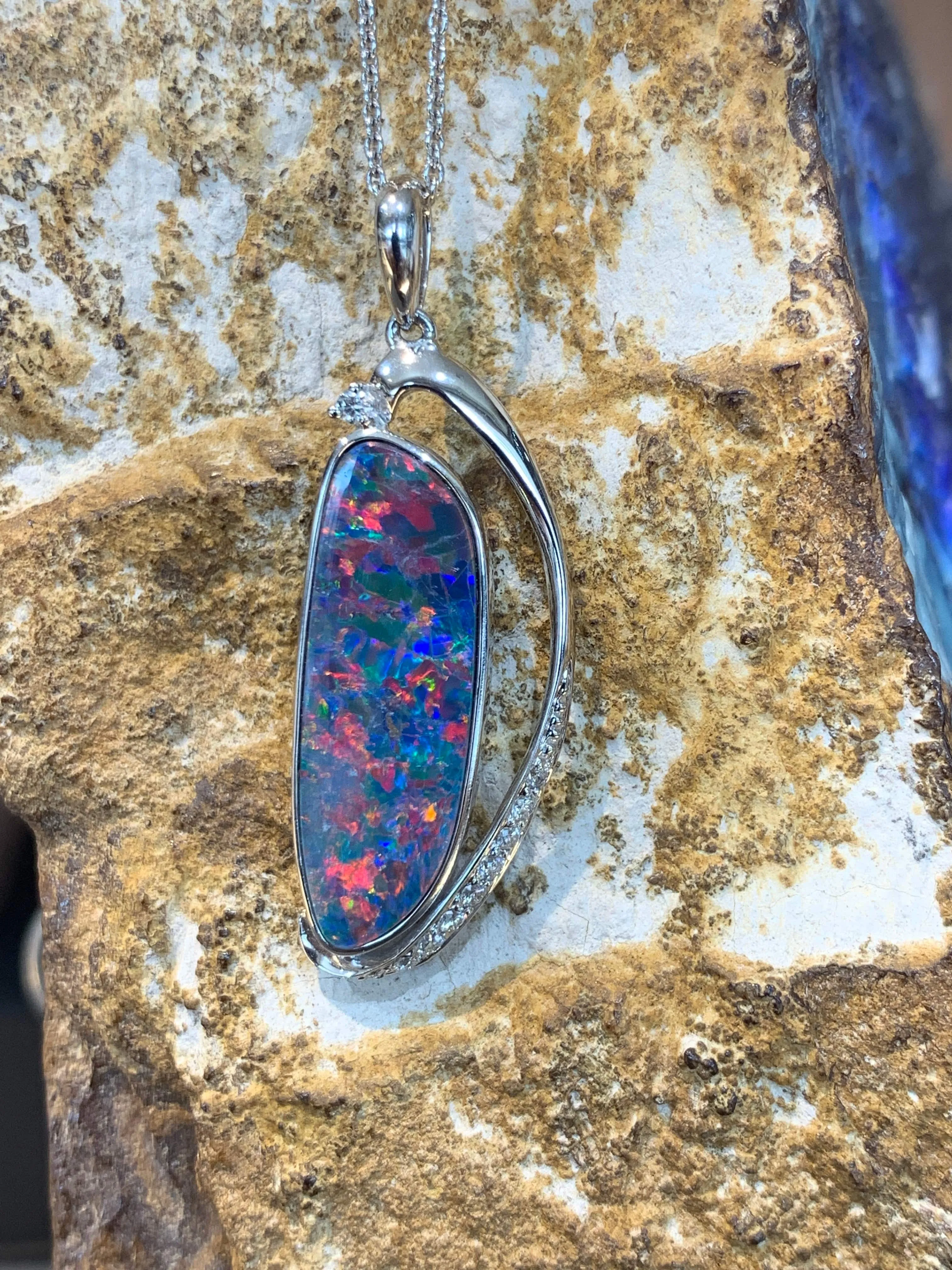 14kt White Gold Opal and diamond pendant