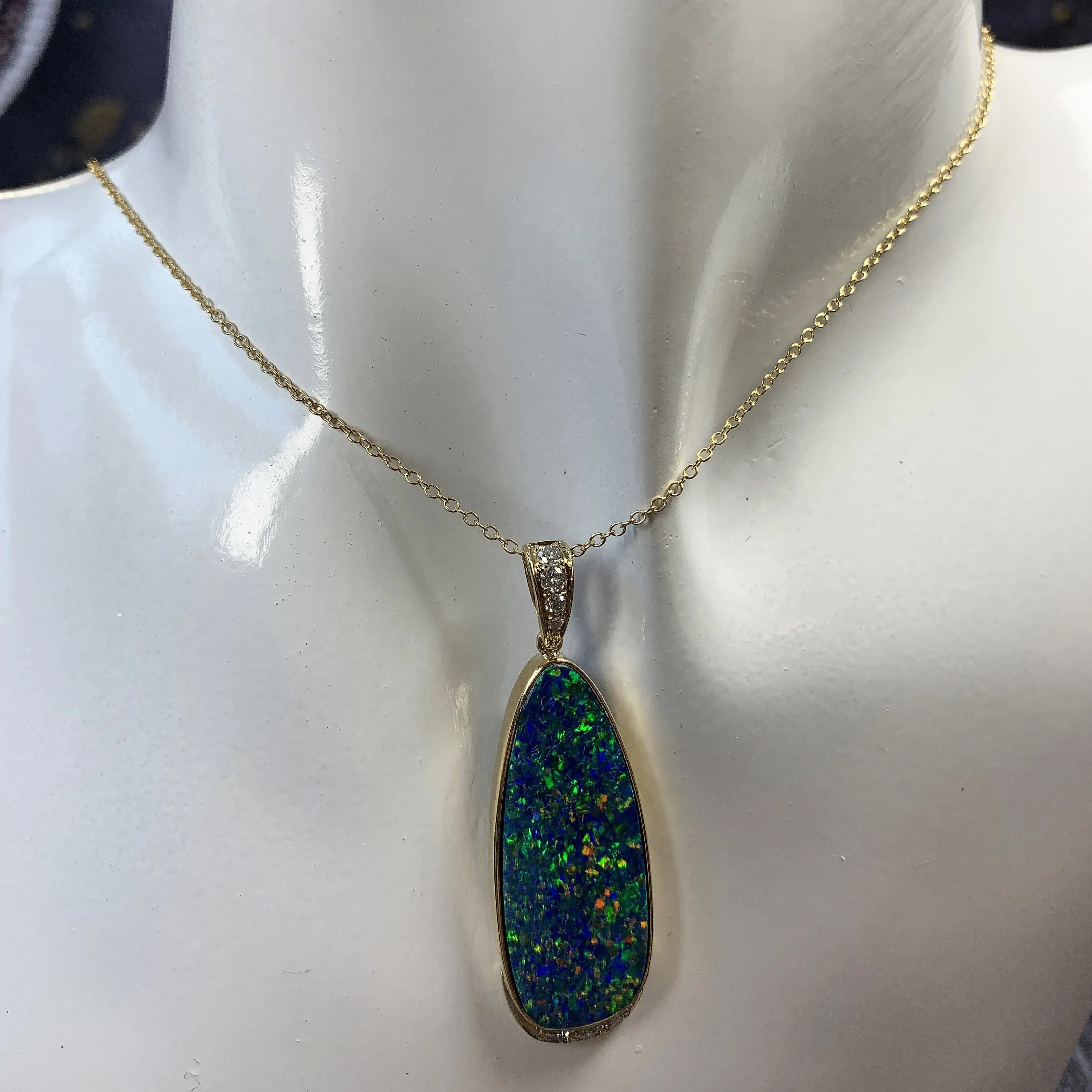 14kt Yellow Gold 12.77ct Opal doublet and Diamond pendant