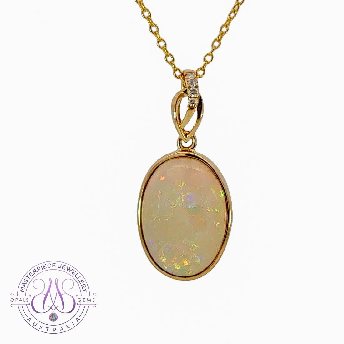 14kt Yellow Gold pendant White Opal and Diamond