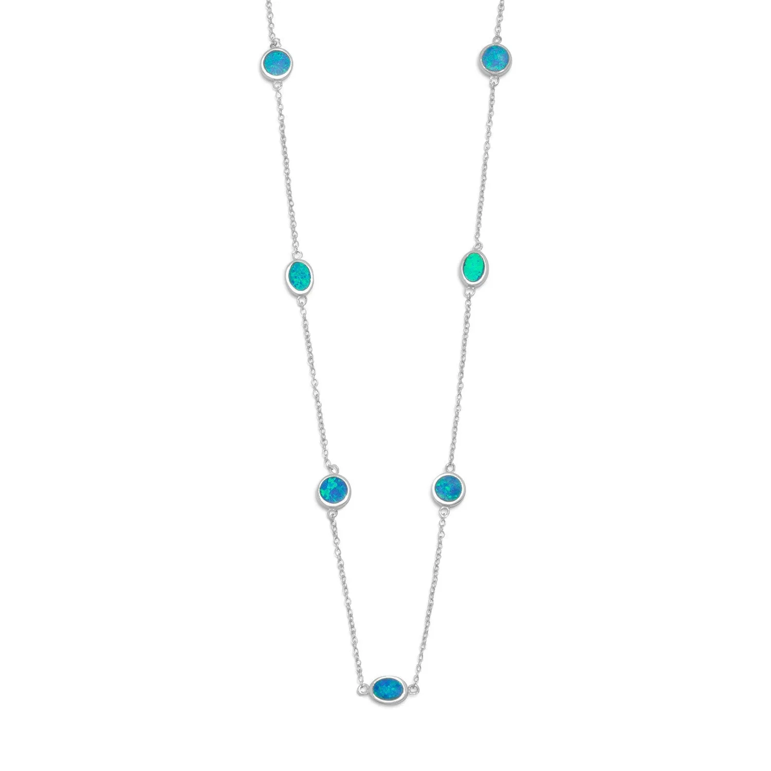 16"   2" Rhodium Plated Synthetic Blue Opal Necklace