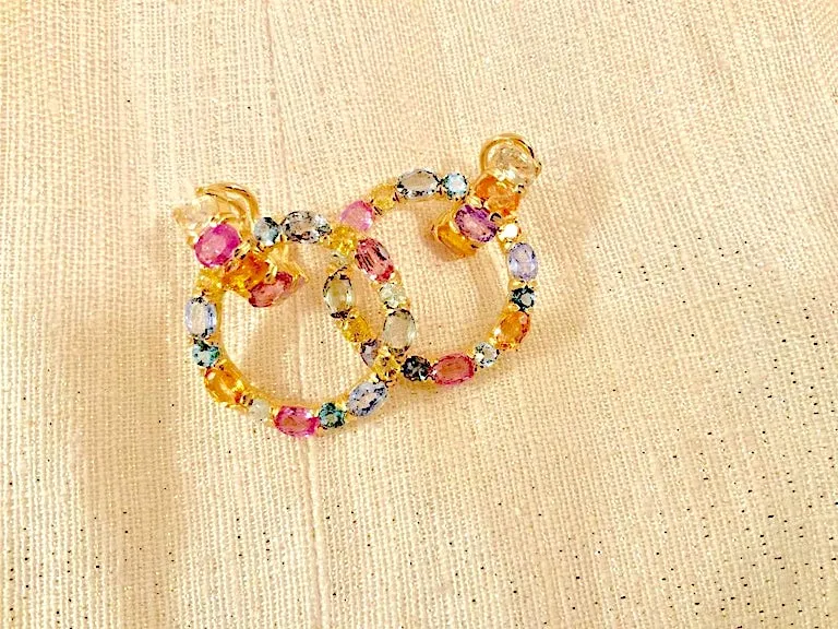 18 Karat Yellow Gold Multi-Color Sapphire Hoop Drop Earring