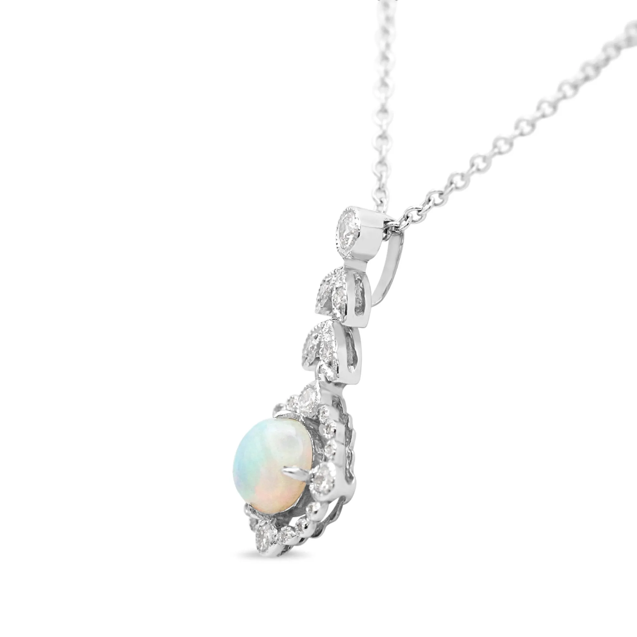 18ct White Gold Diamond & Opal Drop Necklace 16"-18"