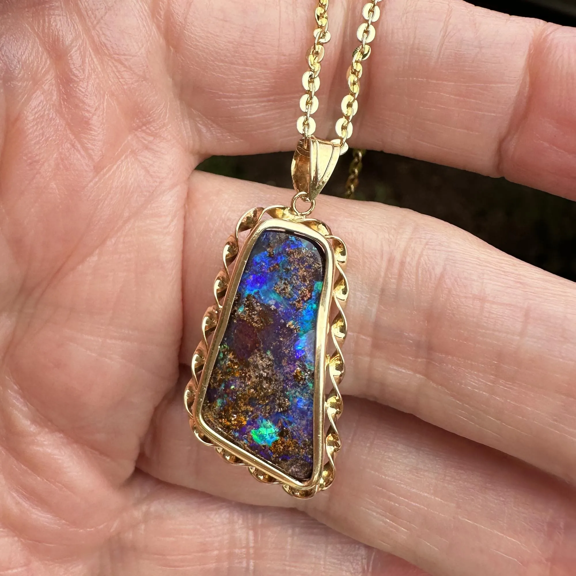 18K Gold Free Form Australian Boulder Opal Pendant