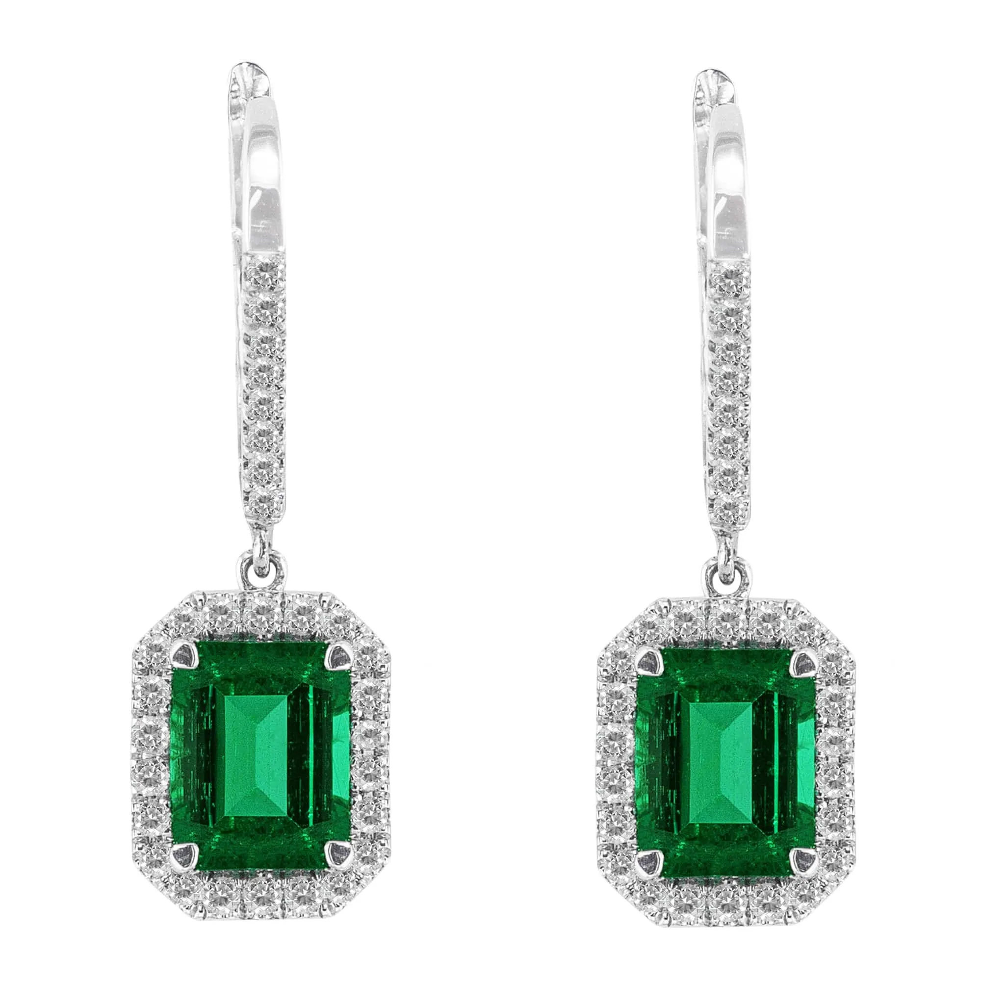 18k White Gold Emerald Cut Emerald Diamond Drop Earrings