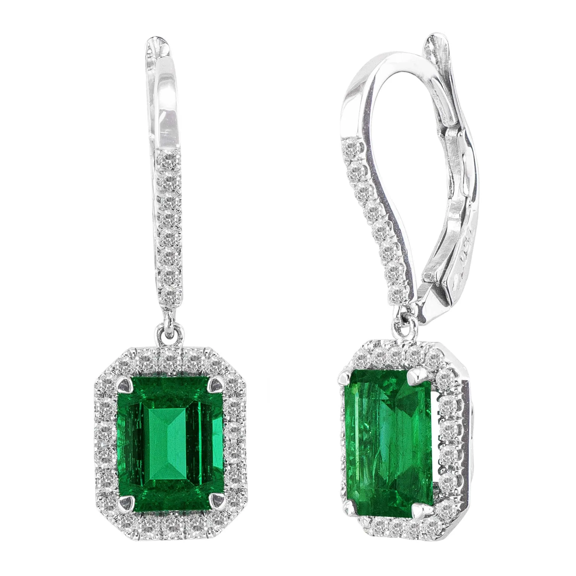 18k White Gold Emerald Cut Emerald Diamond Drop Earrings