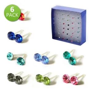 6-Pairs: Crystal Stud Earrings on Acrylic Hypoallergenic Posts