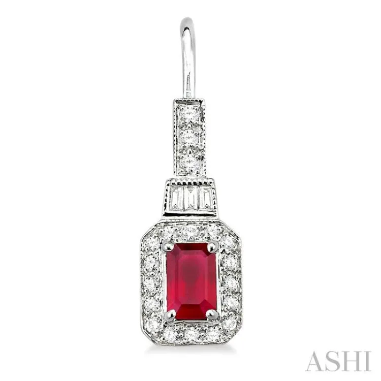 6x4MM Octagon Cut Ruby and 1/2 Ctw Baguette and Round Cut Diamond Earrings in 14K White Gold