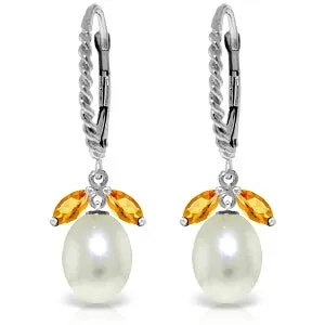 9 Carat 14K Solid White Gold Leverback Earrings Citrine Pearl