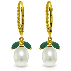 9 Carat 14K Solid Yellow Gold Leverback Earrings Emerald Pearl