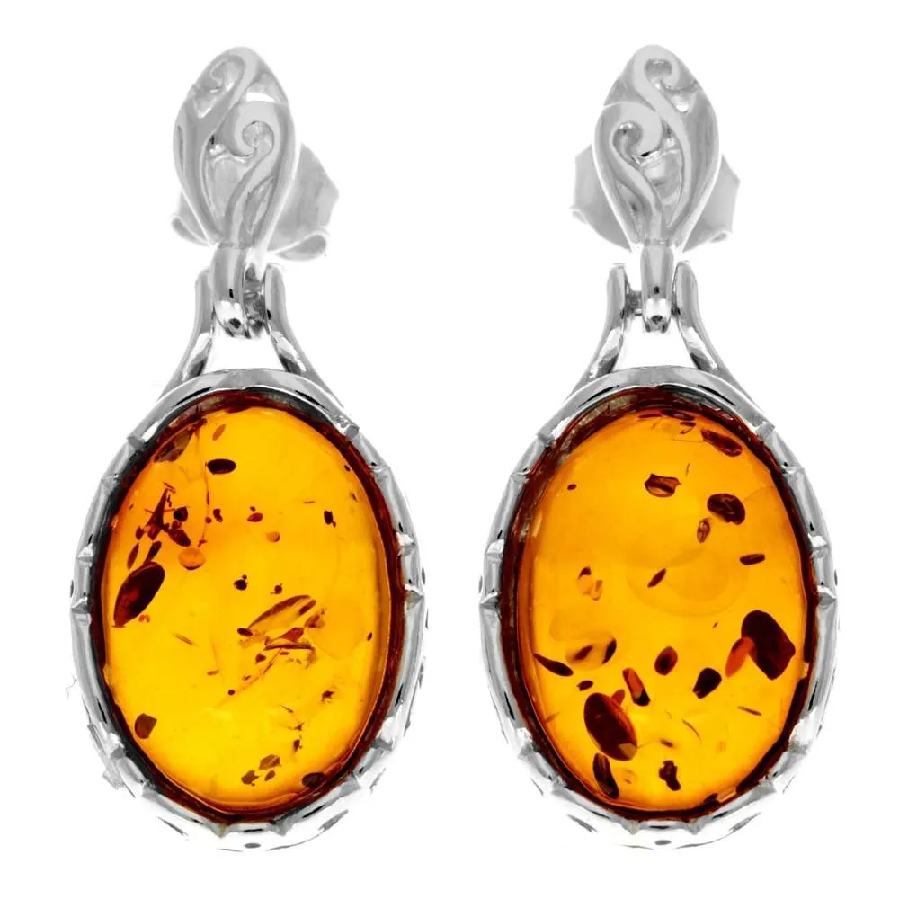 925 Sterling Silver & Genuine Baltic Amber Celtic Modern Drop Earrings - GL1009