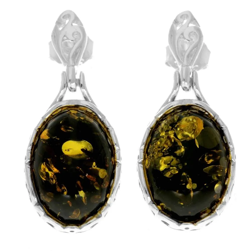 925 Sterling Silver & Genuine Baltic Amber Celtic Modern Drop Earrings - GL1009