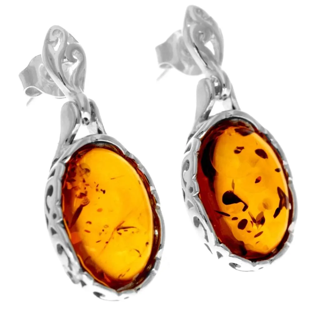 925 Sterling Silver & Genuine Baltic Amber Celtic Modern Drop Earrings - GL1009