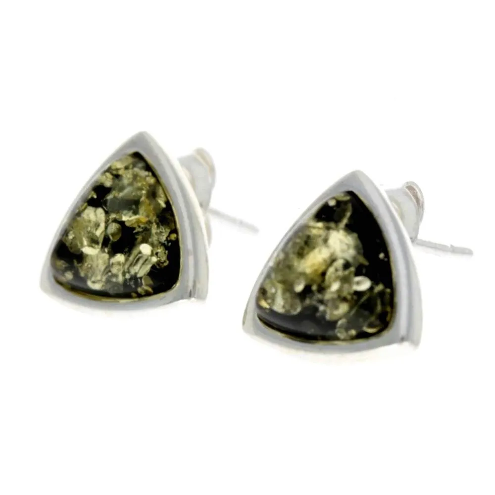 925 Sterling Silver & Genuine Baltic Amber Triangle Modern Studs Earrings - GL031