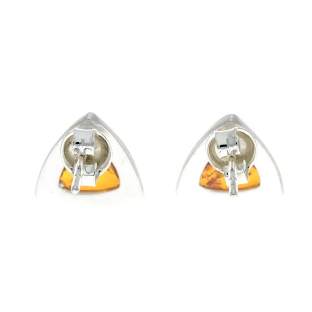 925 Sterling Silver & Genuine Baltic Amber Triangle Modern Studs Earrings - GL031