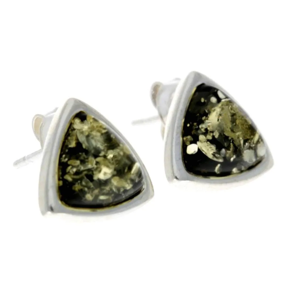 925 Sterling Silver & Genuine Baltic Amber Triangle Modern Studs Earrings - GL031