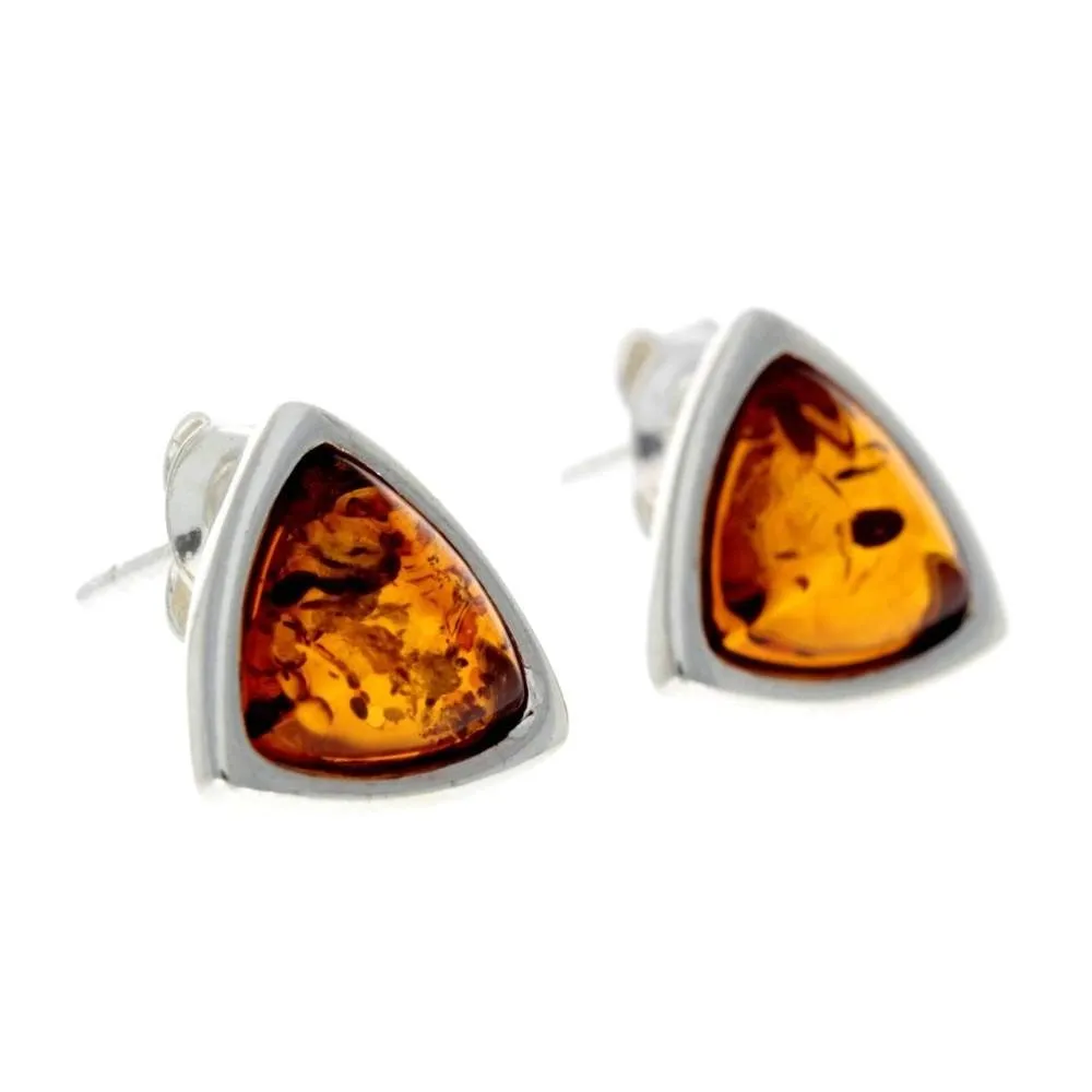 925 Sterling Silver & Genuine Baltic Amber Triangle Modern Studs Earrings - GL031