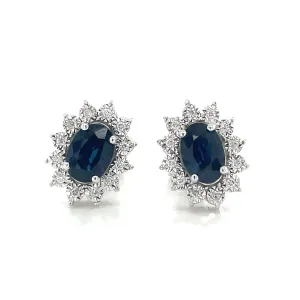 9ct White Gold Earth Grown Oval Sapphire & Diamond Cluster Halo Stud Earring