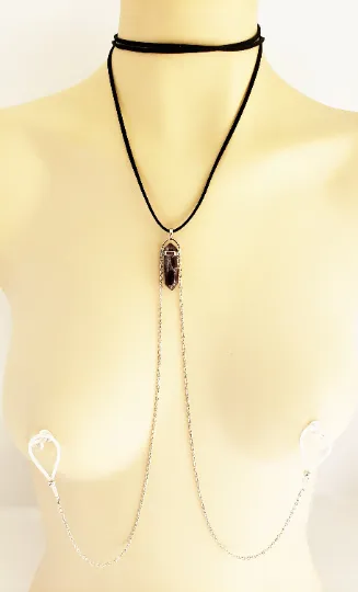 Adjustable Black Leather Crystal Necklace With Attached Nipple Nooses